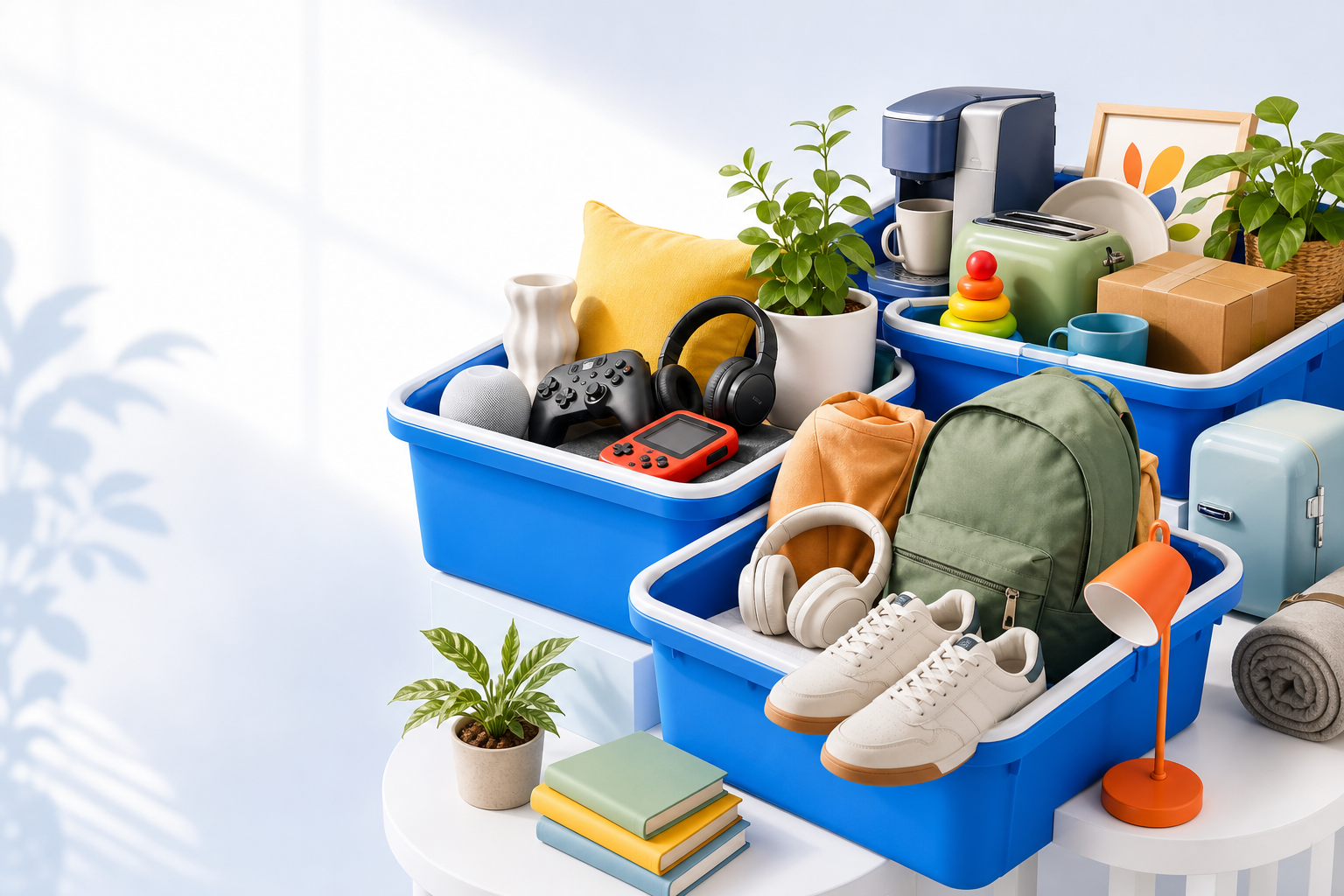 Colorful merchandise bins ready for a treasure hunt